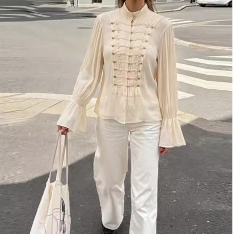 Women's Chiffon Blouses Autumn New Fashion Flare Sleeve Rope Knot Decoration Shirt Vintage Sheer Female Elegant Tops