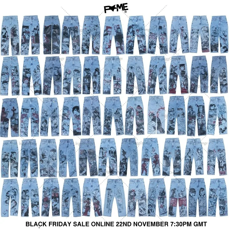 

Hip-hop Harajuku Cartoon Series Blue Y2K Jeans Men Trendy Streetwear Trousers Retro Gothic Casual Denim Wide-leg Straight Pants