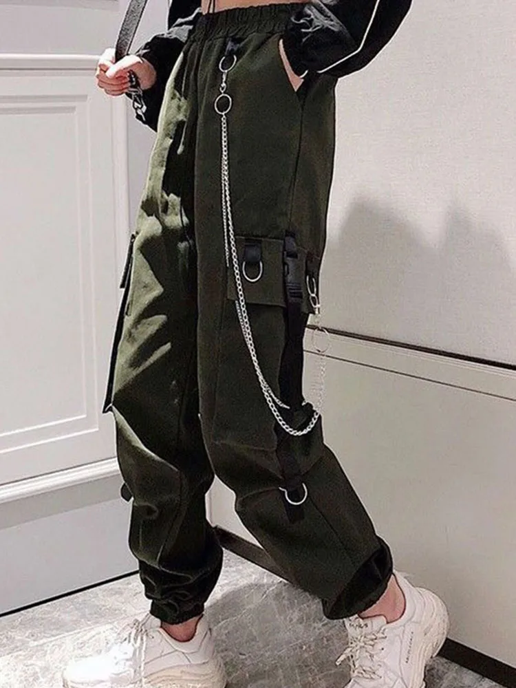 

Women's workwear pants, harem pants, fashionable punk pocket jogging pants, with chain, original Suzhou pine, tight strap, high