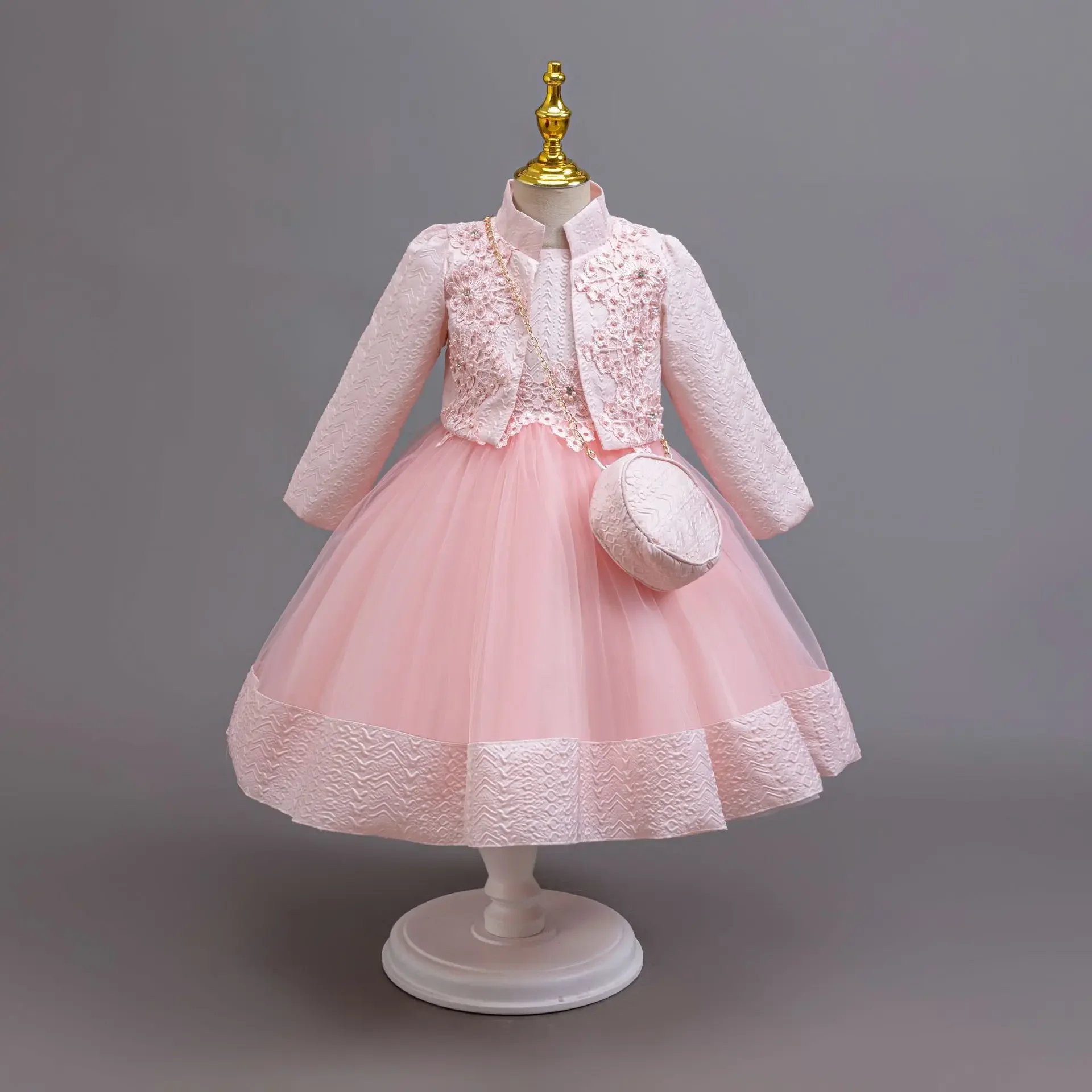 Vintage Flower Girls Dress Set Long Sleeve Princess Formal Party Ball Gown for Kids High-end Christmas Gift