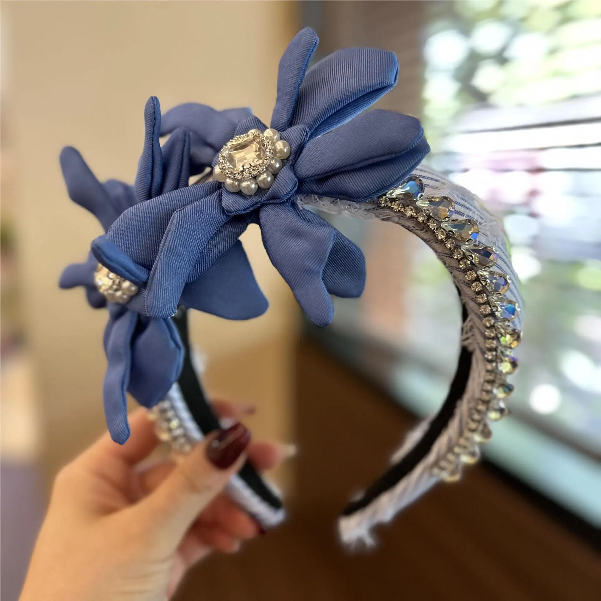 

New Fashion Blue Striped Vintage Bow Diamond Bead Luxury Headband Crystal Wide Hair Accessories Headband for Women Wholesale