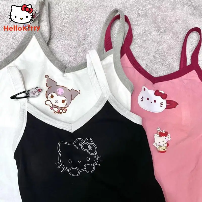 Y 2K Kawaii Girly Sling Vest Anime Cartoon Hellokitty Kuromi Ondergoed Zomer Tops Vakantie Strandkleding Met Borst Pad Japans