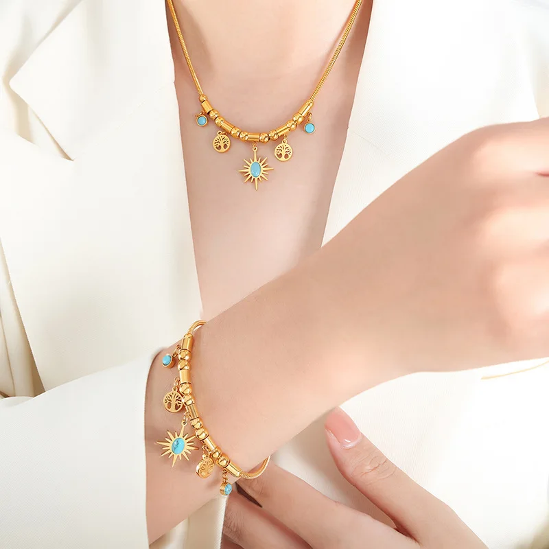 Boho Stainless Steel Sun Tree of Life Turquoise Charm Necklace Bracelet Set for Women Vintage Summer Holiday Jewelry Gift Party