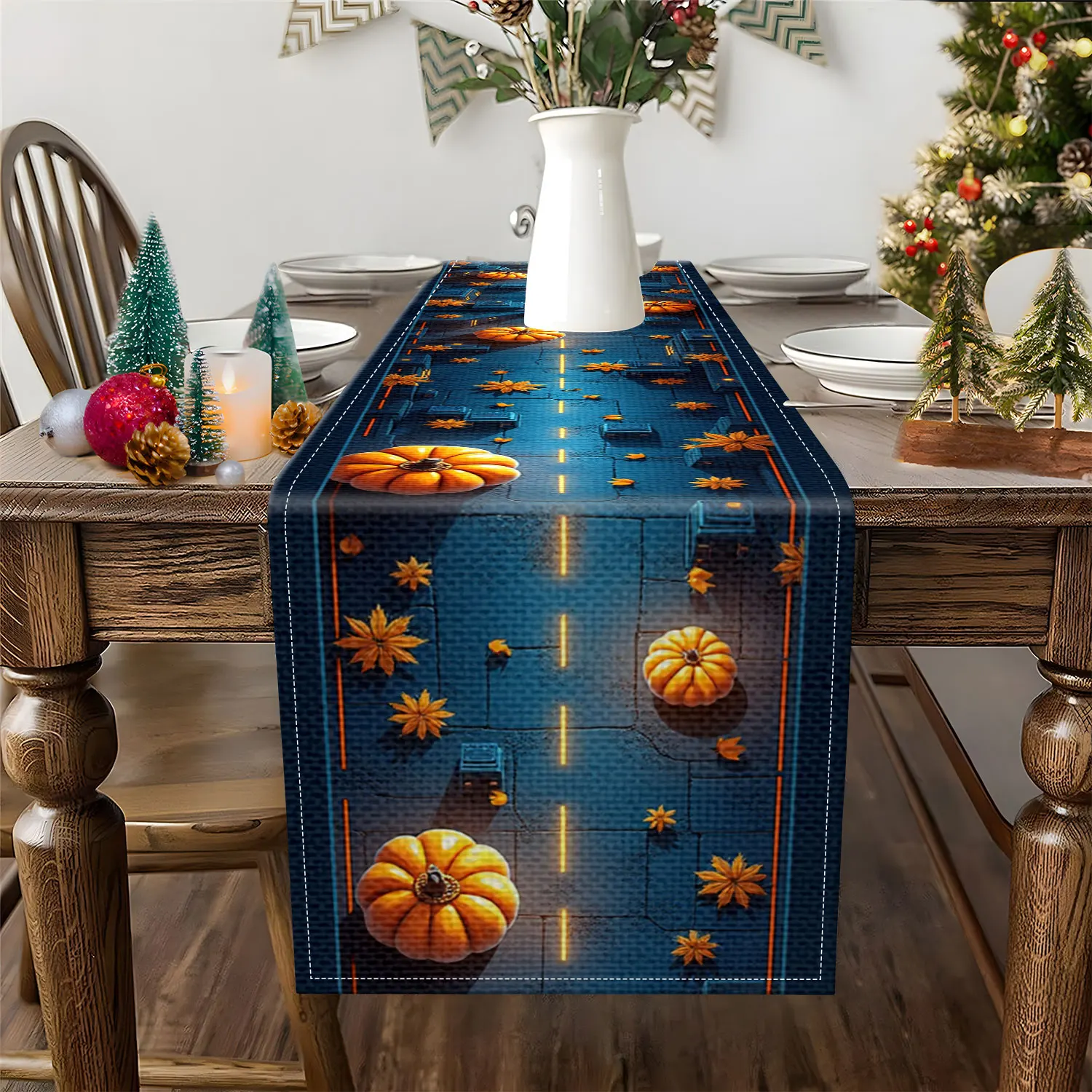 قطعة واحدة من مفرش طاولة على شكل يقطين الهالوين مع أنماط مشهد ليلي للمدينة، مناسبة لحفلات الهالوين ومشاهد الديكور المنزلي.