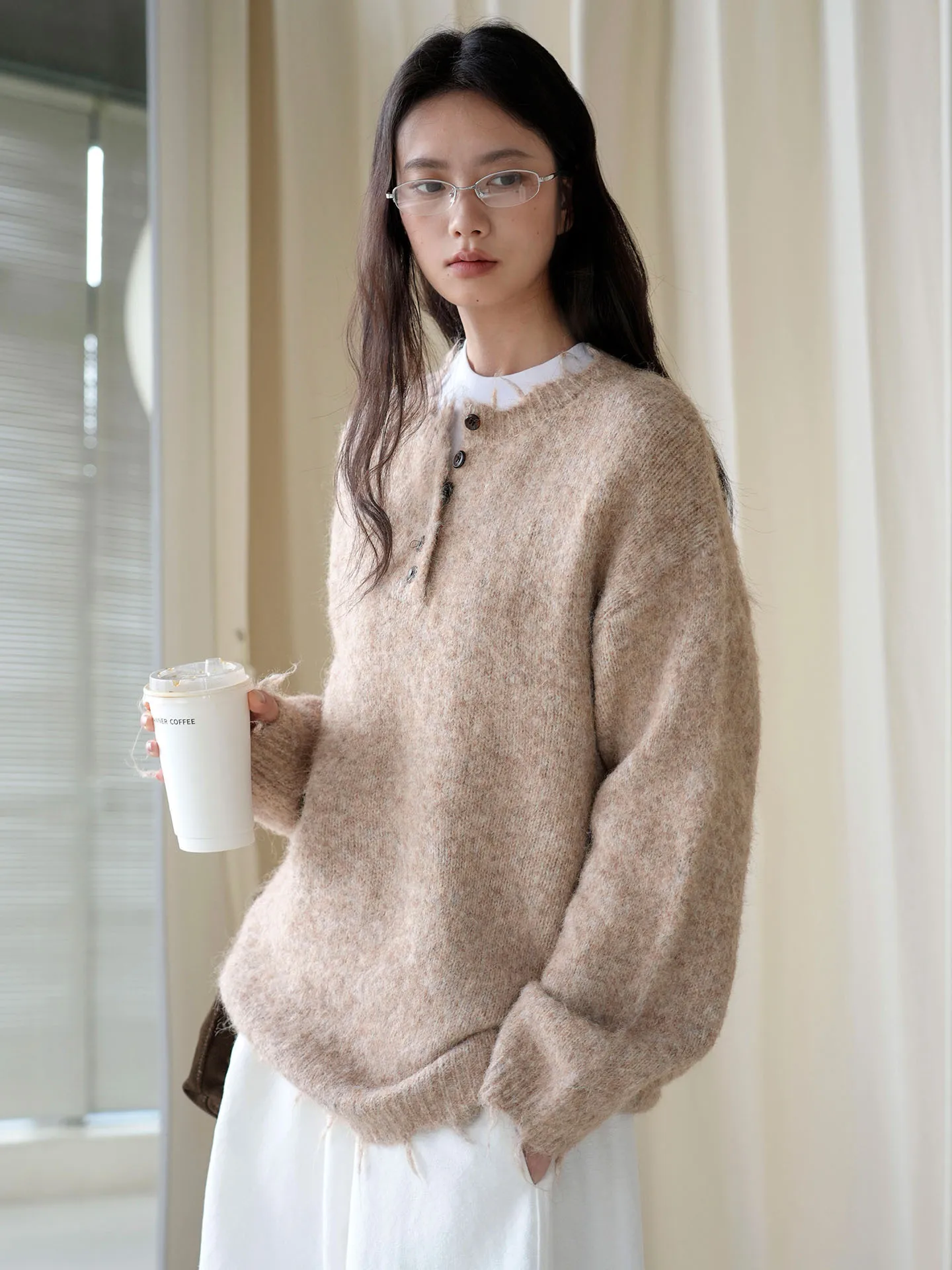 Autumn Winter Casual Henley Collar Buttoned Frayed Edge Wool Sweater For Women