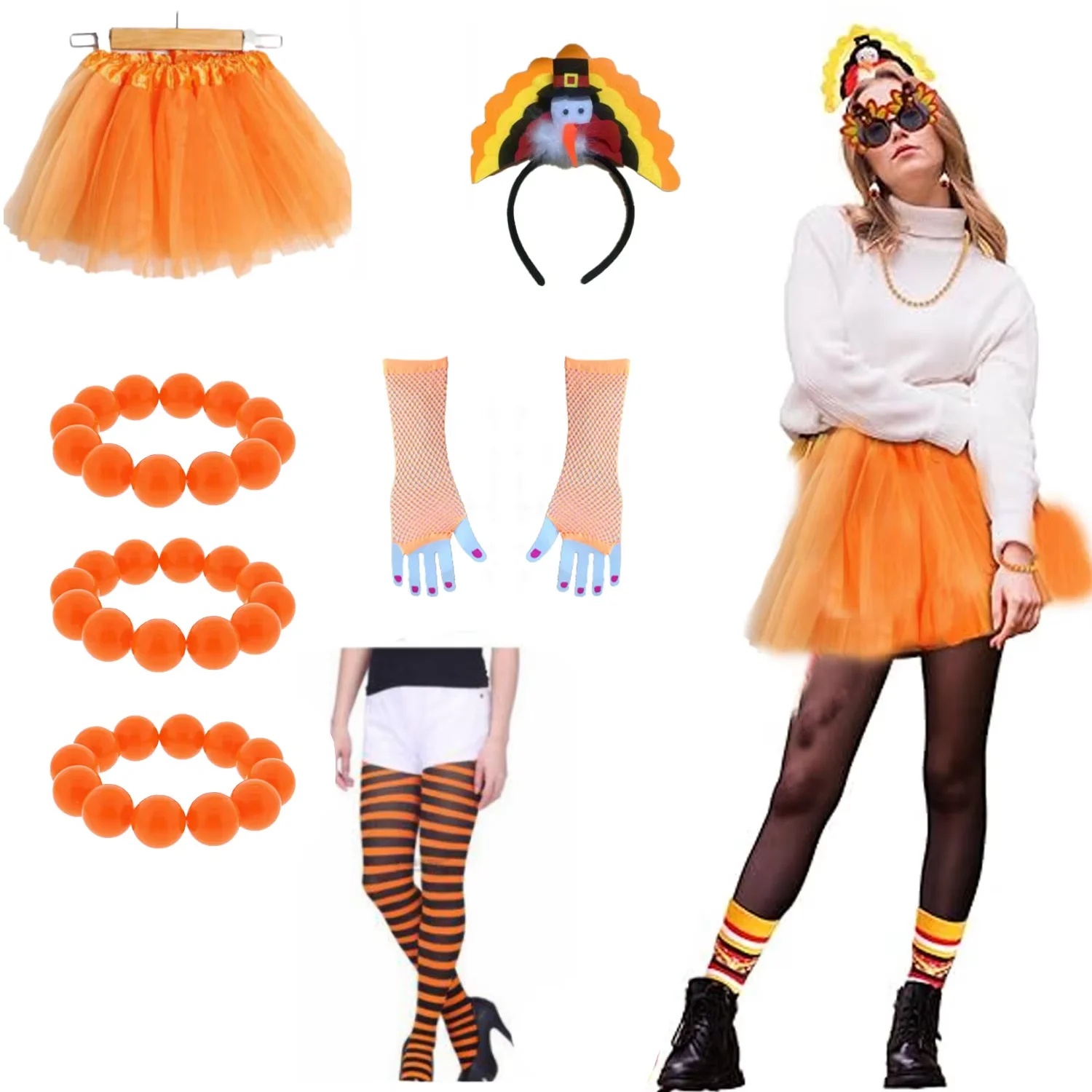 PESENAR Thanksgiving Turkey Costumes Set Includes Thanksgiving Holiday Tutus Turkey Headband Running High Sock Trot Cosplay