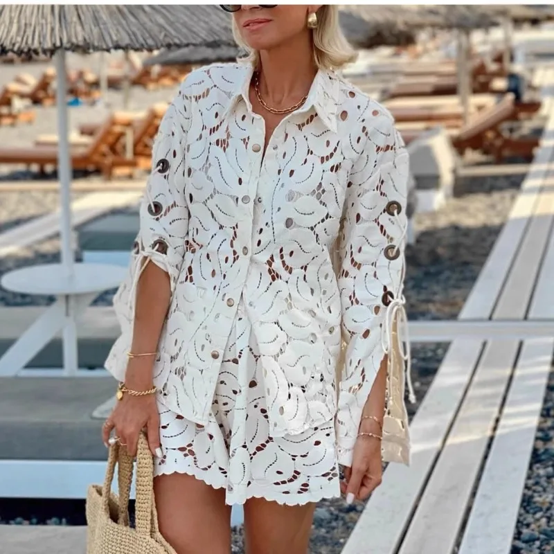 

2026 Hollow Out Lace Beach Two Piece Set for Women Summer Sexy Button Shirt Top Wide Leg Shorts Set Vacation Holiday Outfits