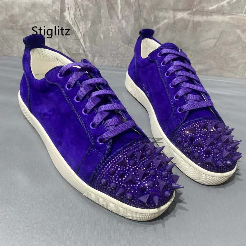 Blauwe Kristallen Klinknagel Casual Schoenen Voor Heren Sneaker Ronde Neus Veters Flats Heren Schoenen Echt Lederen Comfort Custom Paar Schoenen