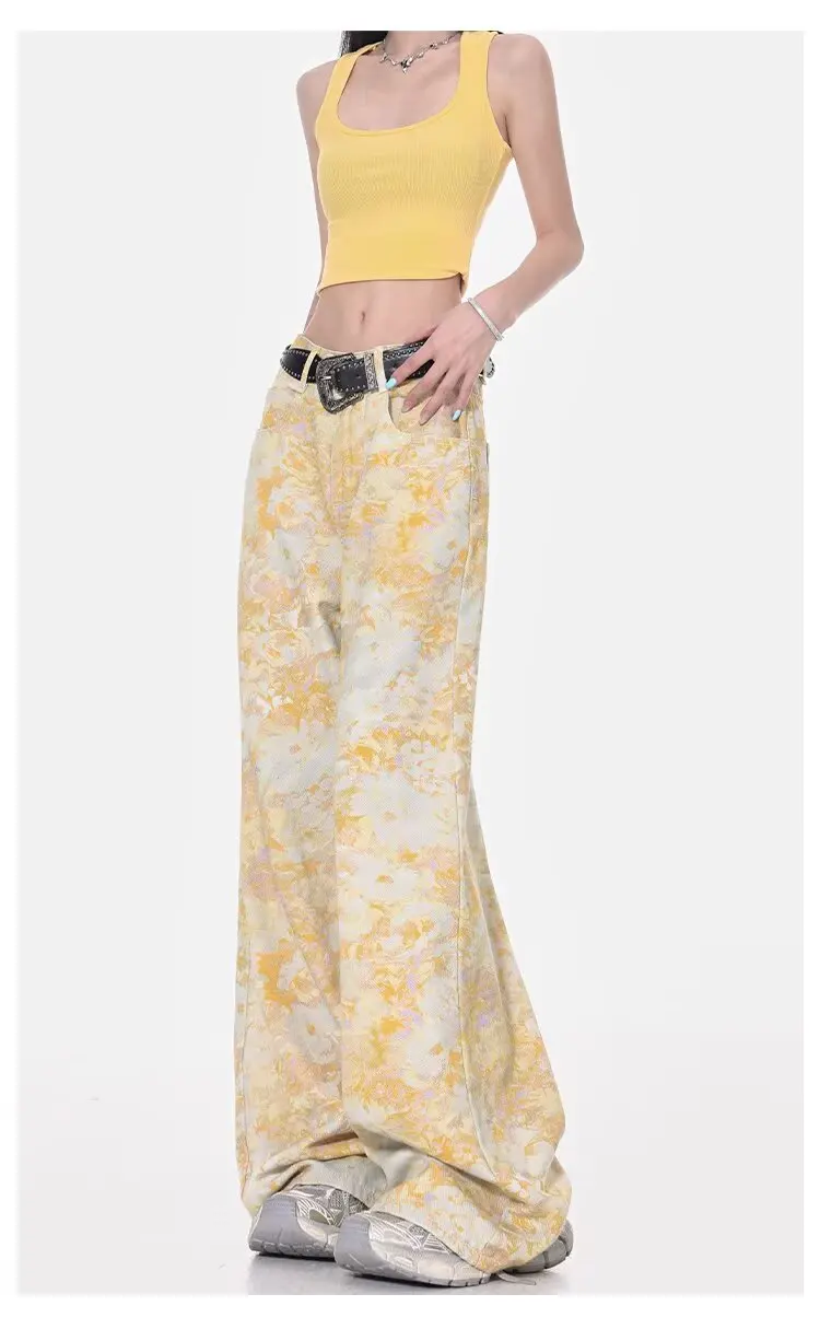 Y2K خمر الأزهار طباعة عالية الخصر شارع العليا مستقيم الجينز السراويل الكورية أزياء المرأة واسعة الساق فضفاض الدينيم بنطلون