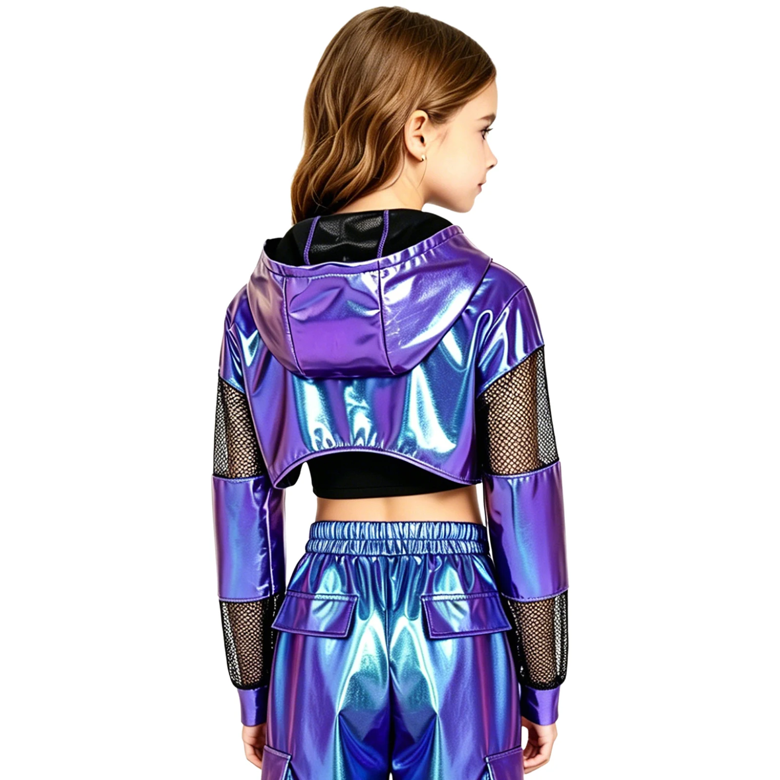 Kinder Mädchen Metallic Hoodie Hip-Hop Jazz Dance Performance Kostüm Mesh Patchwork Langarm Kapuzenpullover Crop Top Sweatshirt – Detail 12