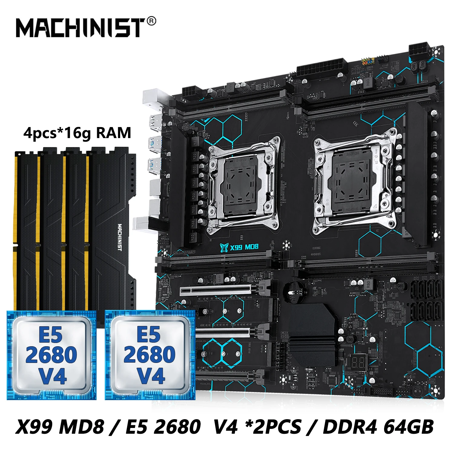MACHINIST X99 MD8 Dual CPU Motherboard Optional Kit Set Intel Xeon E5 2680 V4 LGA2011-3 DDR4 32GB RAM C612 Chip Server Computer