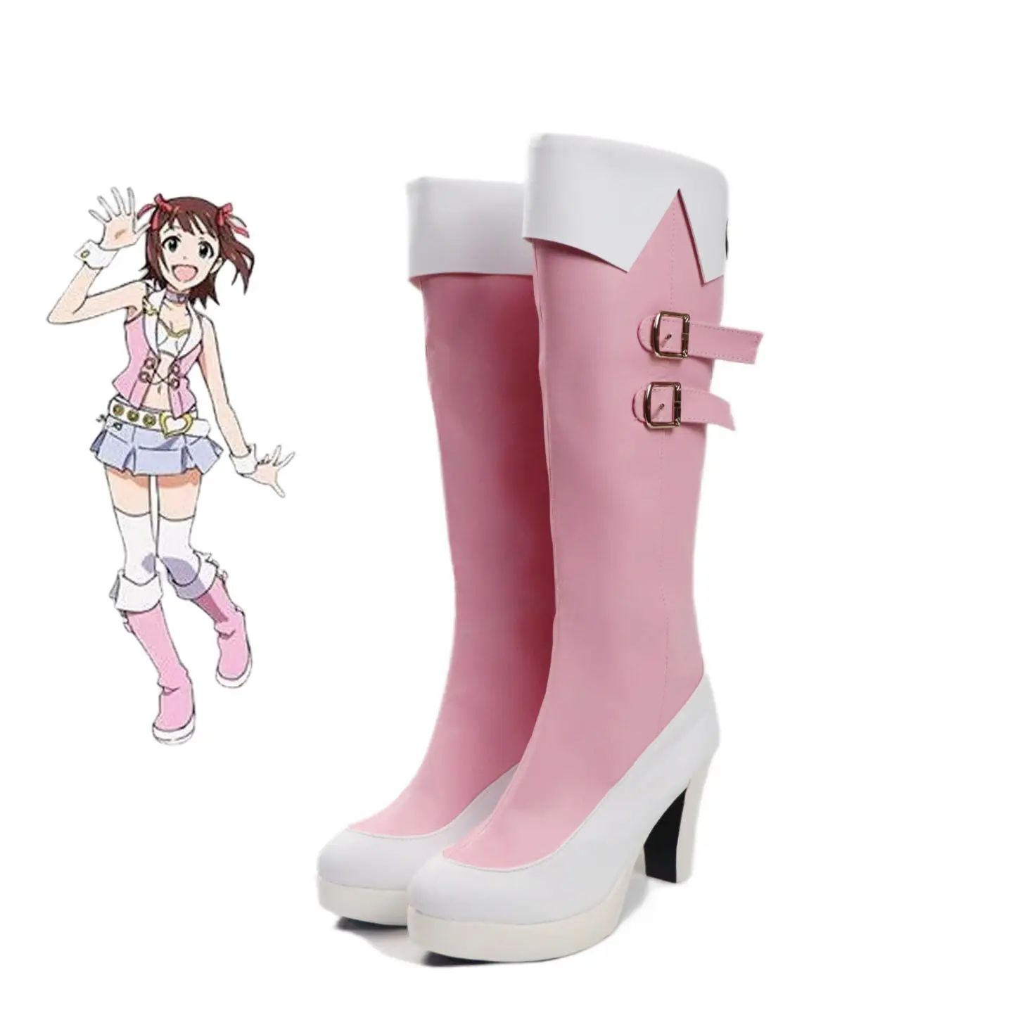 Anime ‌THE IDOLM@STER Amami Haruka Cosplay Shoes Pink High Heels Long PU Leather Boots For Halloween Carnival