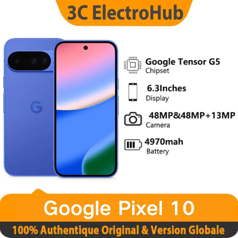 Google Pixel 10, tout nouveau Google Tensor G5, 6,3 pouces Caméra arrière triple avancée 4970 mAh Batterie 24 heures + Smartphon