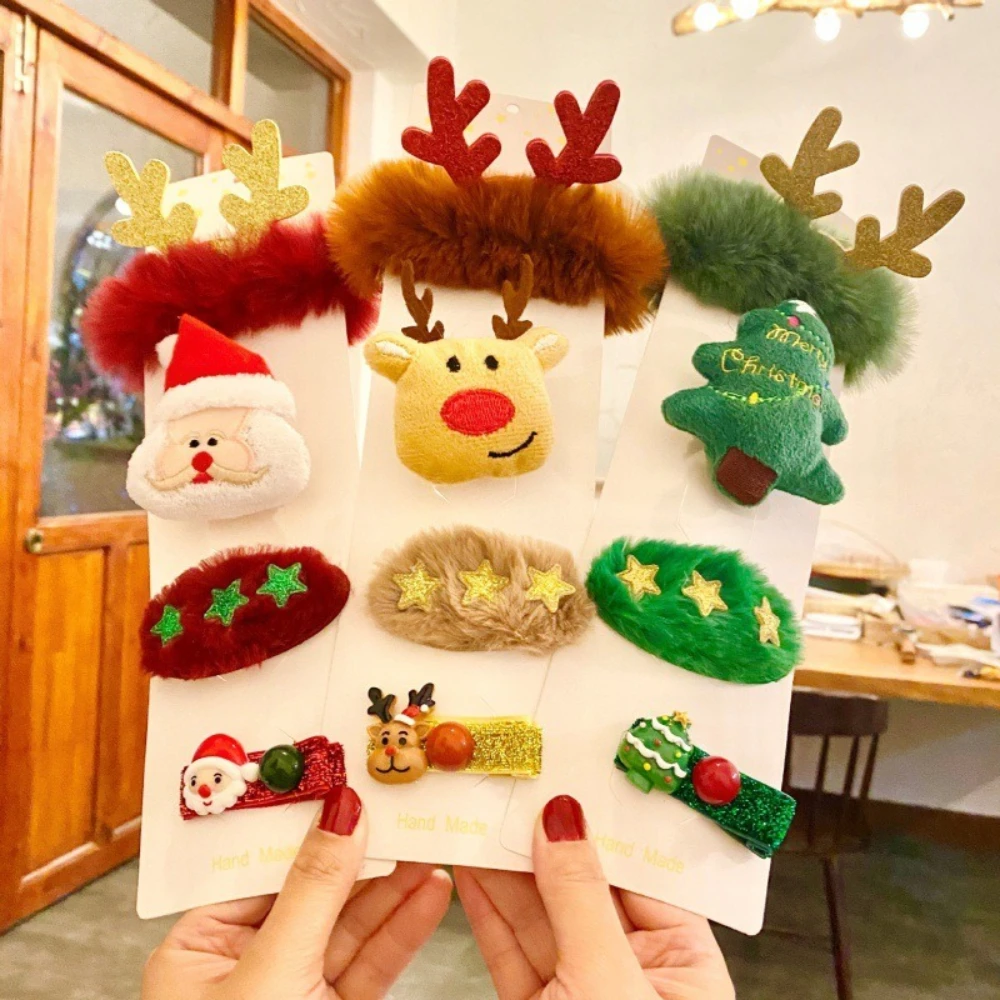 

4pcs Christmas Hair Accessory Rubber Band Brooch Clip Set Christmas Festival Gift Reindeer Santa Claus Christmas Tree Hair Clip