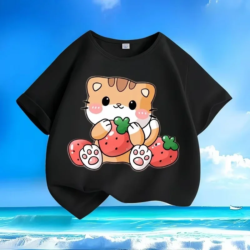 Children Fashion Short Sleeve Top Cute Orange Tabby Cat Strawberry Print Boys Girls Crew Neck Daily Summer Tee Shirt