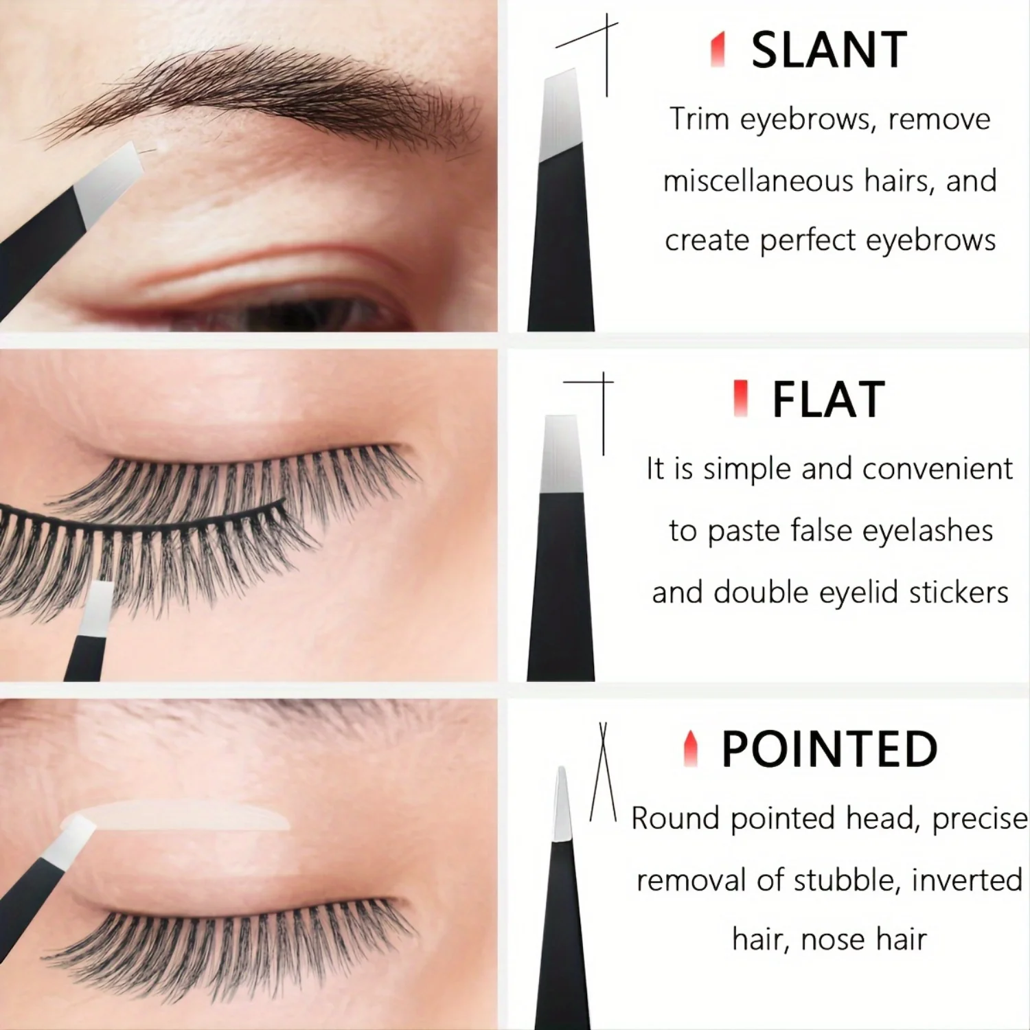 3-teiliges Präzisionspinzetten-Set aus Edelstahl – scharfe Pinzette mit flacher/schräger/spitzer Spitze für Körper, eingewachsene Haare und Gesichtshaarentfernung