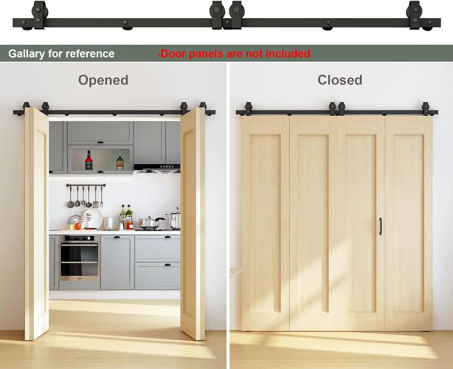 Herrajes para puertas corredizas plegables de 63 pulgadas, rodillo de montaje superior con pista corrediza de 1 pieza, kit para 4 puertas (sin puerta), ajuste de ancho de puerta MAX