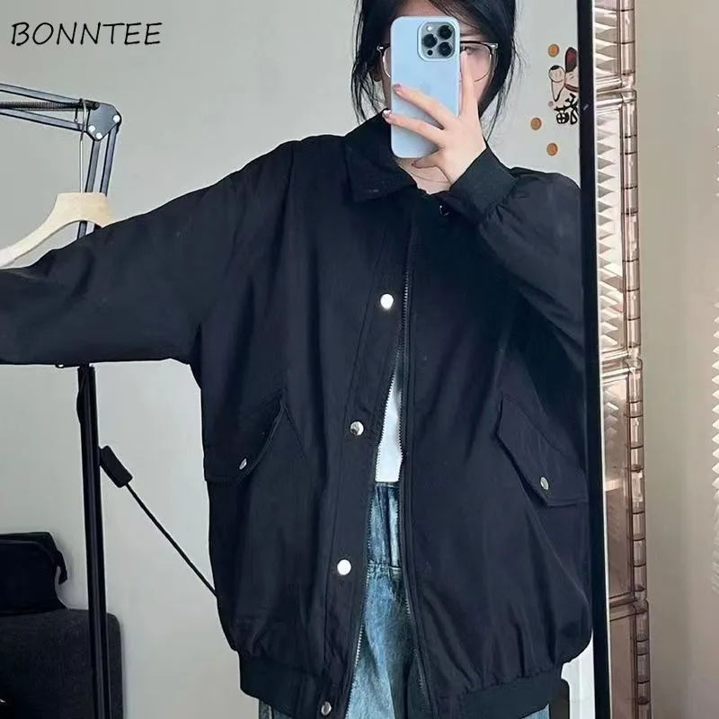 

Chic Basic Jackets Women Solid Simple Loose Leisure Button Design Zipper Pockets Turn-down Collar Korean Style Ladies Coat Fall