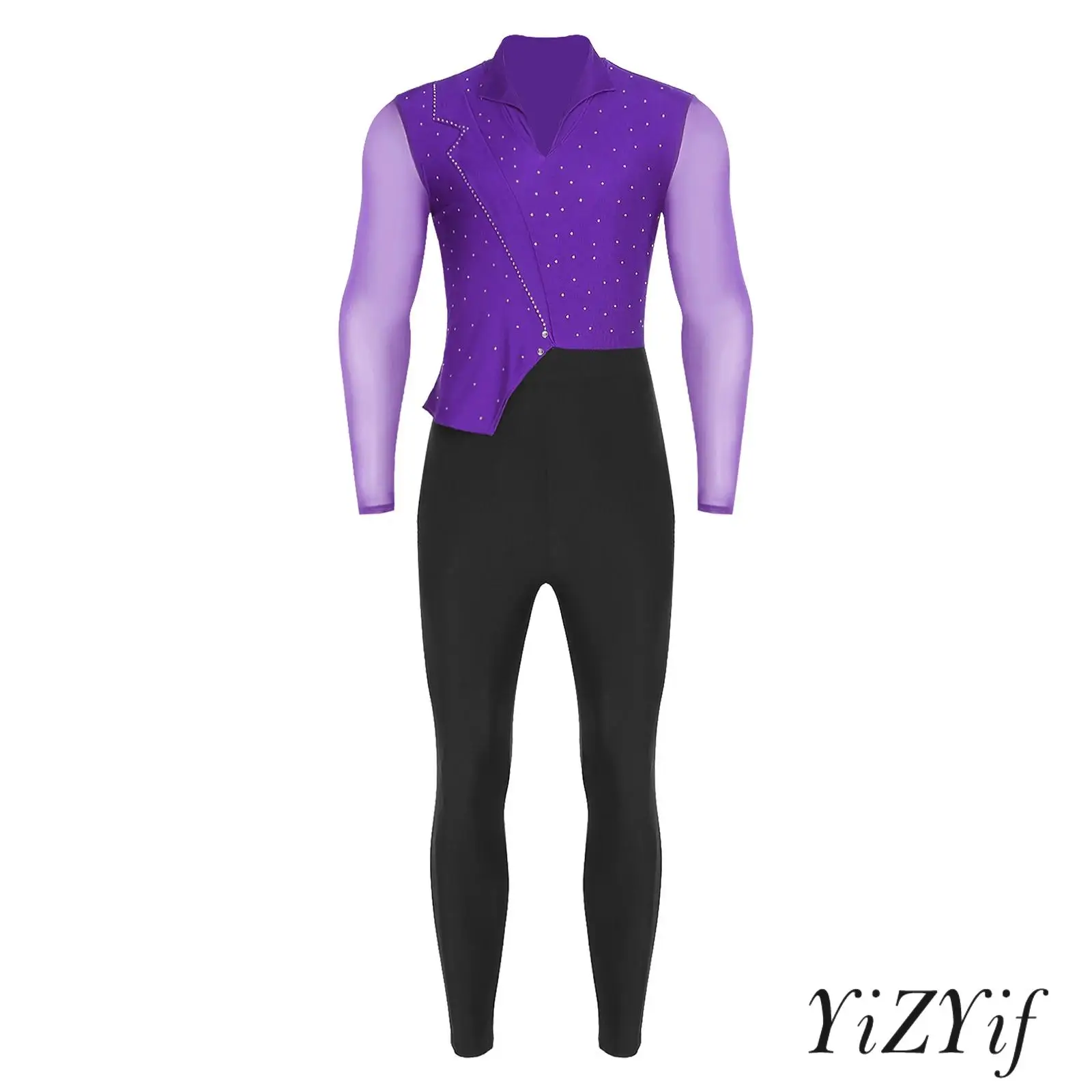 

Men Dynamic Performance Bodysuit Asymmetry Glittering Rhinestones Sheer Long Sleeves Color Blocking Elite Gymnastics Dancewear