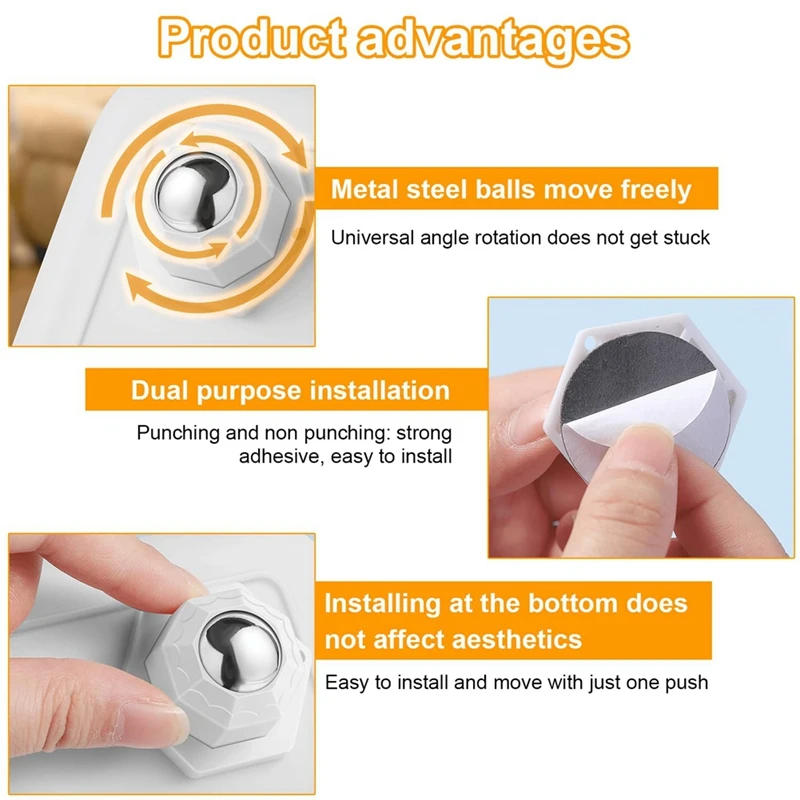 Mini Caster Wheels For Small Appliances, Self Adhesive Caster Wheels, Stainless Steel Rollers (12 PCS, White) Durable