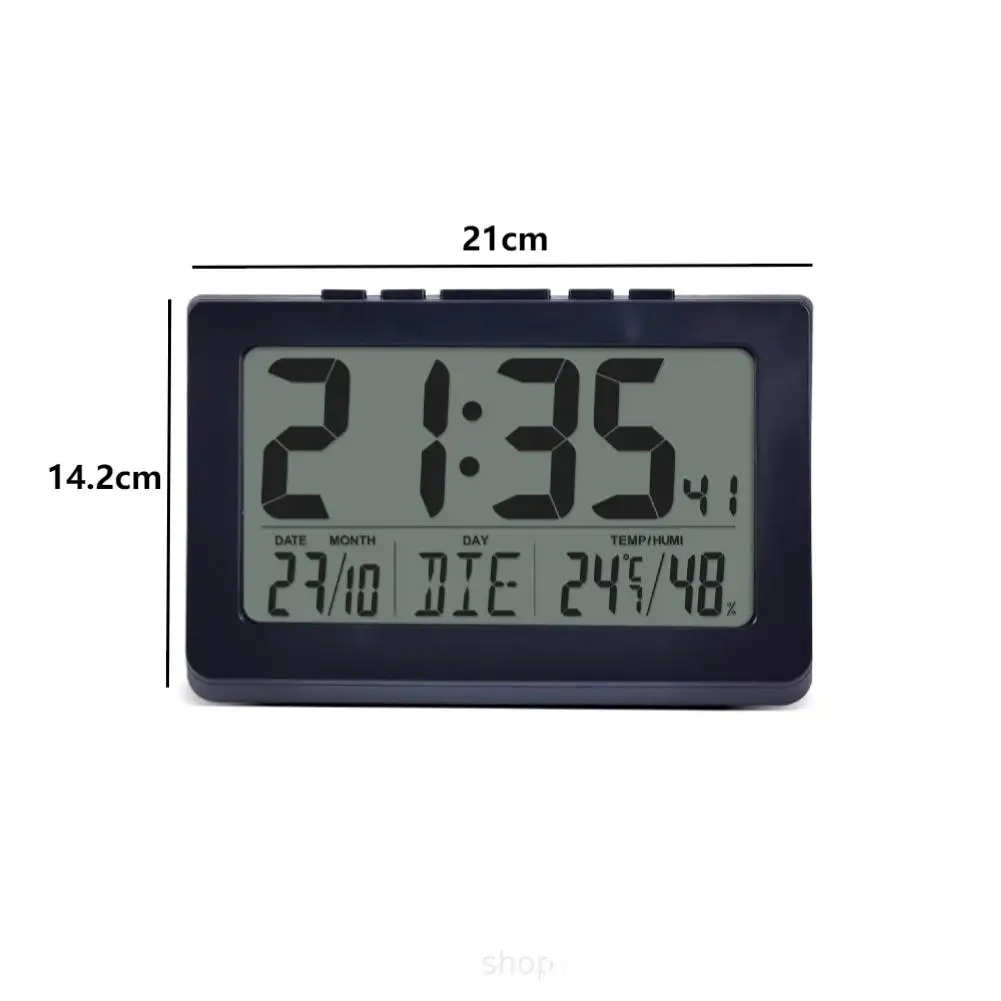 LCD Digital Clock for Wall Mount Featuring Time Date Temperature Humidity and 7 Language Weekday Display ABS Material