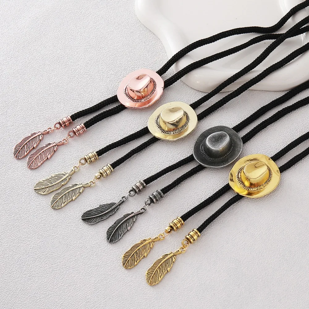 Bolo Tie for Men Western Cowboy Hat Feather Pendant Necklace Vintage Leather Rope Adjustable Bola Tie Shirt Accessory