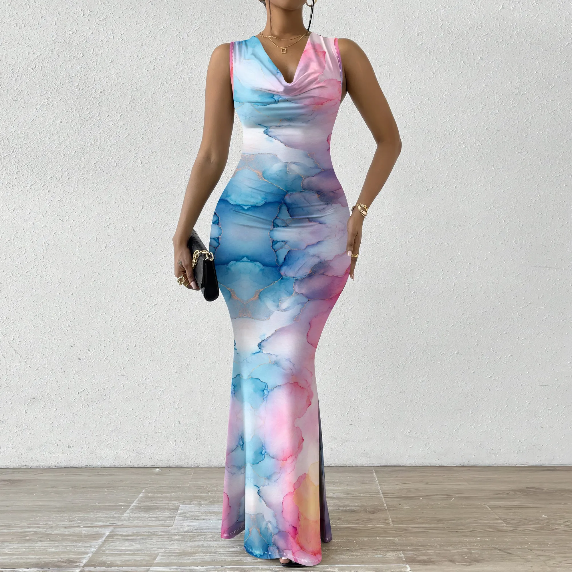 

Pastel Watercolor Print Maxi Dress XS‑2XL V‑Neck Sleeveless Bodycon Style for Garden Party, Art Event or Elegant Summer Look