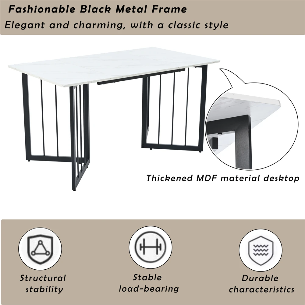 Modern Dining Table, Marble Pattern Kitchen Table, Rectangular Dining Table With V-shaped Metal Support Legs, Adjustable Feet