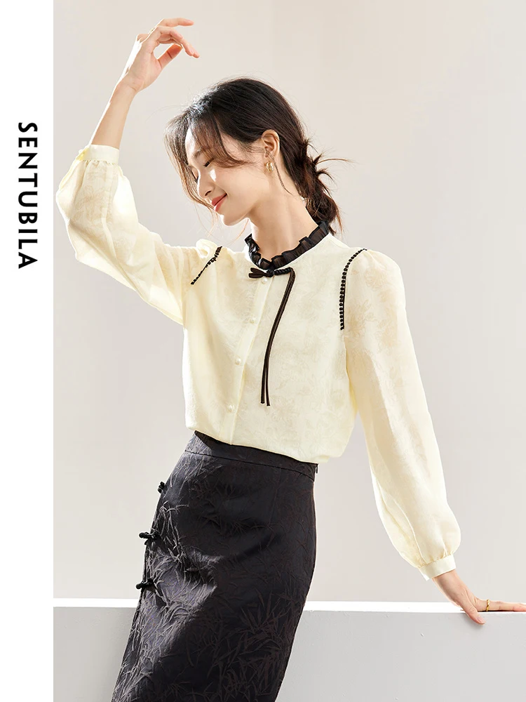 

SENTUBILA Women's Casual Shirts 2025 Autumn Chinese Style Luxury Jacquard Ruffled Button Up Ladies Blouses Party Tops 141C53085