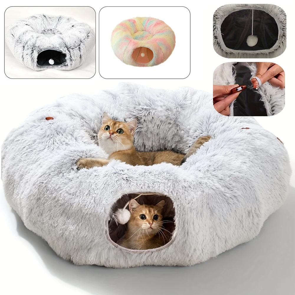 Plush Cat Bed with Tunnel for Indoor Cats Multi-functional 2-in-1 Cat Channel Nest Pet Supplies Simple Storage Pet Cat Tunnel