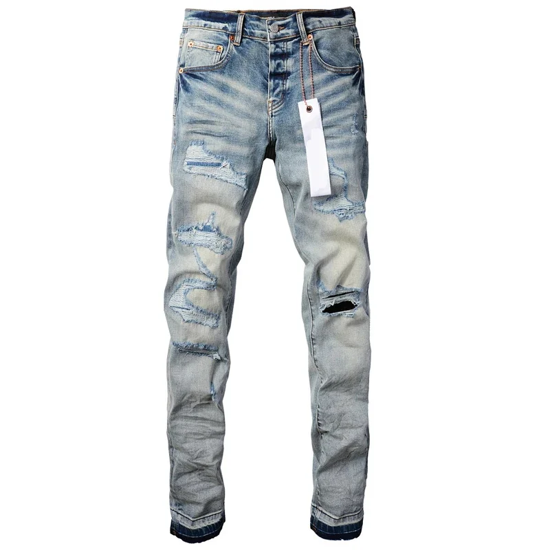 Classic Light Blue BRANDS Jeans Retro Do Old Knee Ripped Denim Long-pants Men Women Same Style Trend Slim-fit Pencil Pants