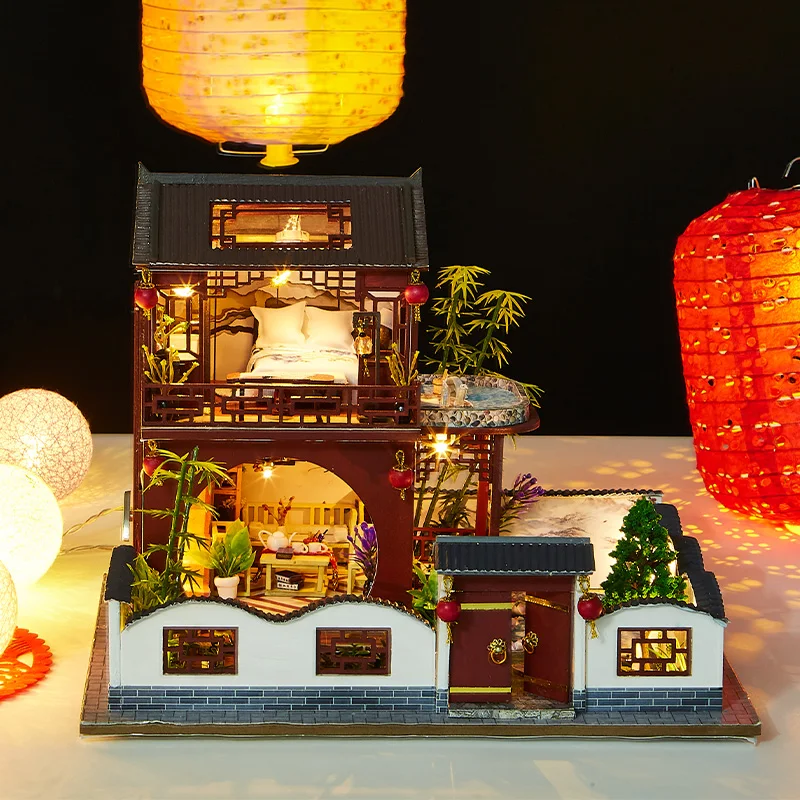 Diy Wooden Doll House Miniature Building Kit Chinese Ancient Loft Furniture Led Lights Dollhouse Toys For Children Birthday Gift