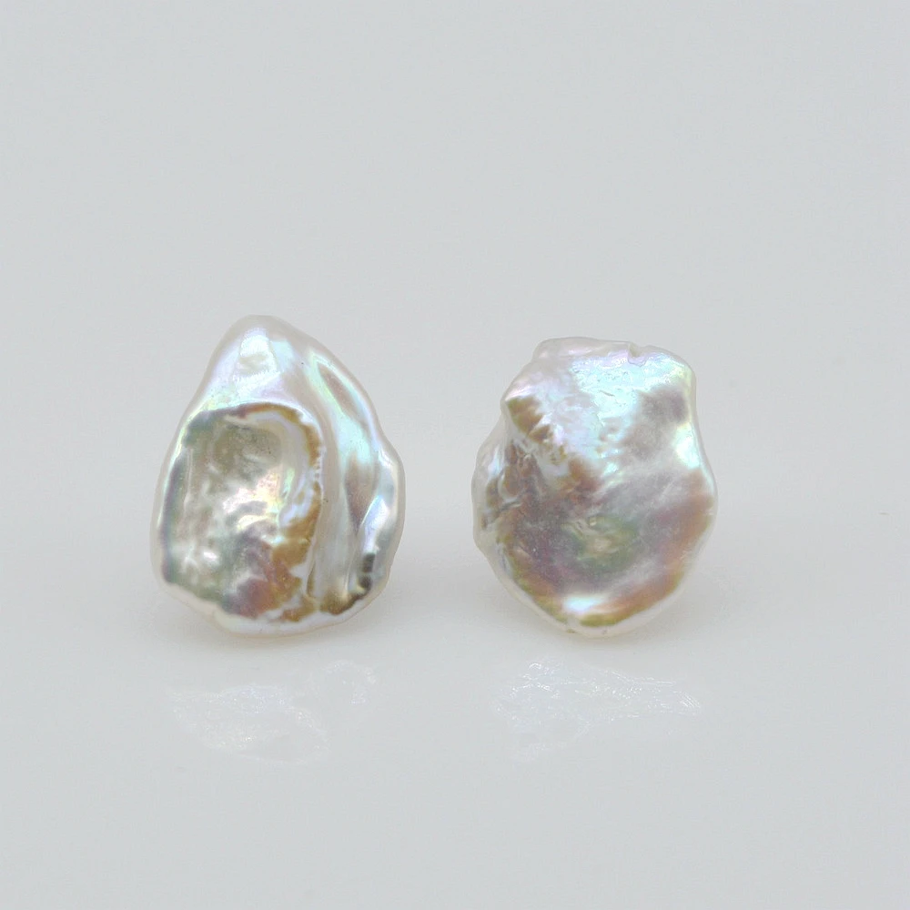 Baroque earrings White natural freshwater pearls 925 sterling silver studs Leaf-shaped pearls Vintage jewellery Women\'s earrings