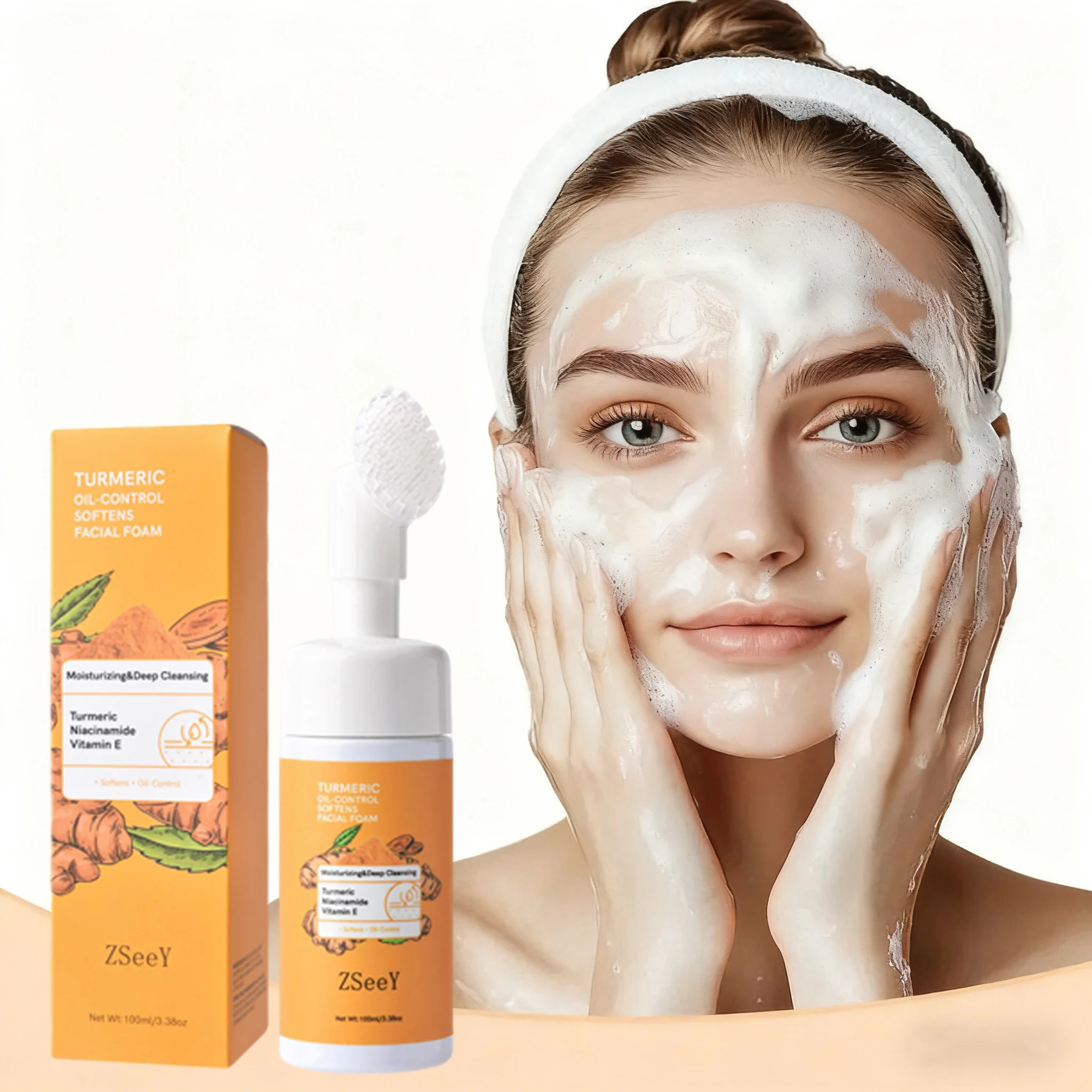 Turmeric Cleanser Moisturize Facial Brightening Skin Tone Daily Face Wash Foam with Brush Skin Care Clean Lemon Fruit Extract