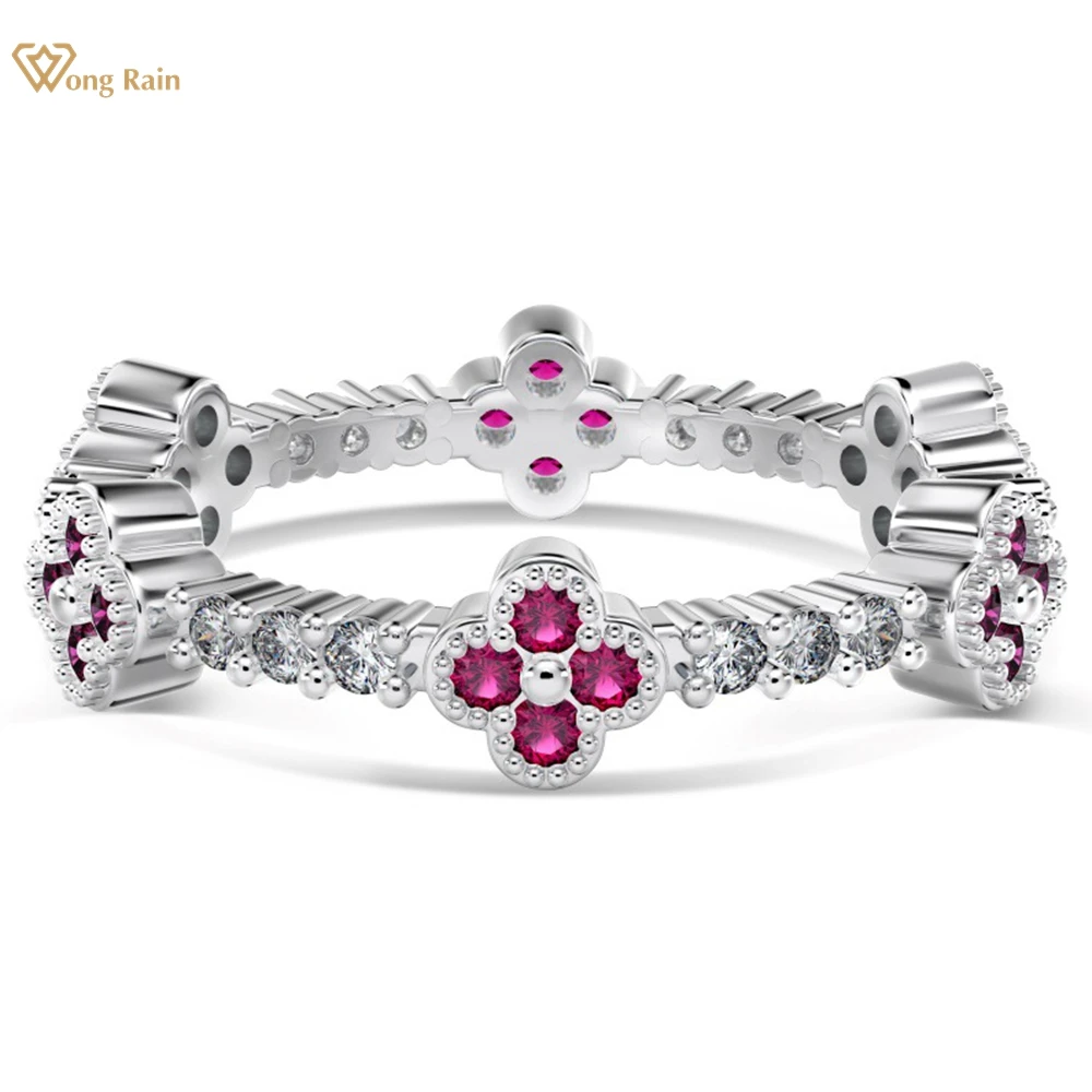 Wong Rain 100% 925 Sterling Silver Four-leaf Clover Lab Sapphire Gemstone Wedding Party Women Rings Fine Jewelry Band Wholesale