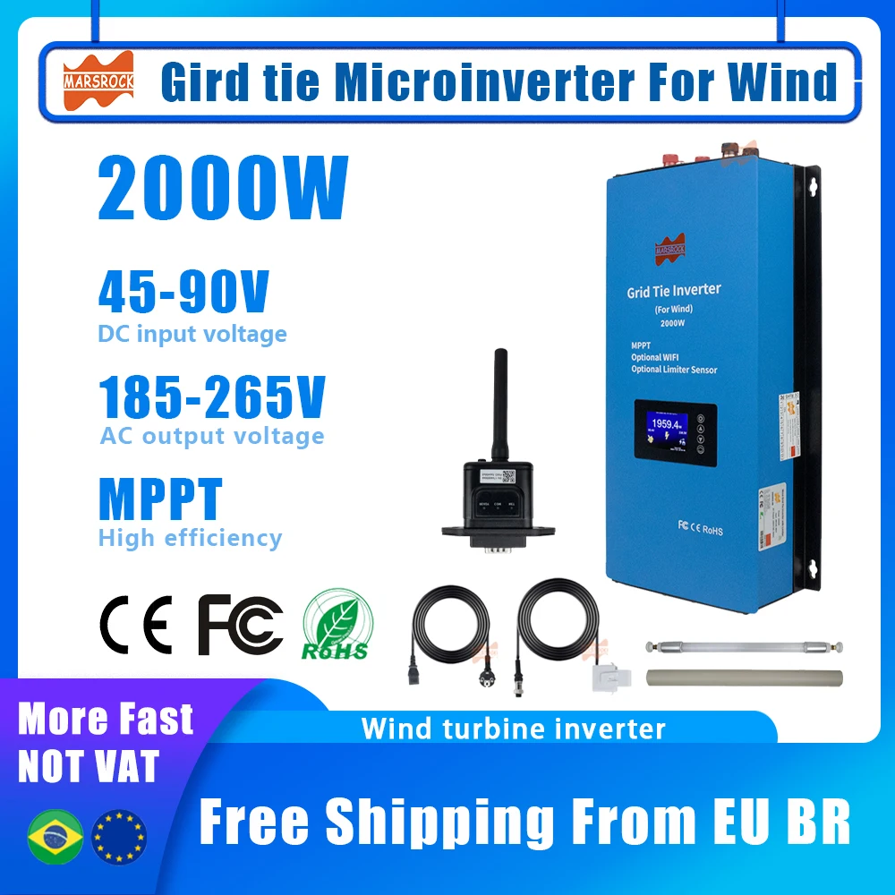 

2000W 48V AC MPPT Wind Inverter with Limiter 230V 240V AC 2 Phase On Grid Tie Inverter Dump Load WiFi LCD DC22-90V to AC95-265V