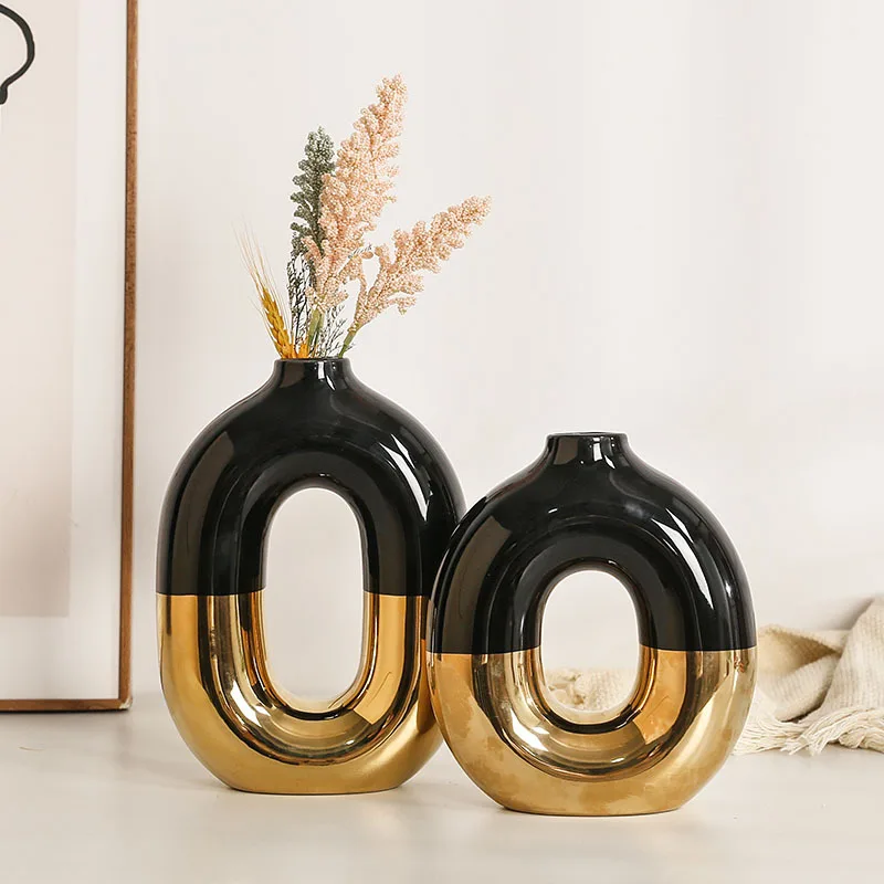 

Керамическая позолоченная ваза для цветов в европейском стиле, предметы украшения дома для гостиной, спальни, современная ваза из черного золота, ваза из белого золота