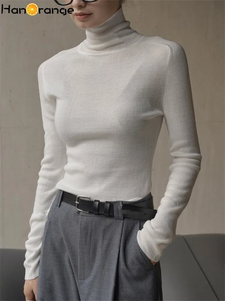 HanOrange 2024 Spring Simple Turtleneck Wool Knitted Shirt Women High Strecth Slim Sweater White/Blue/Fluorescent Green/Oat