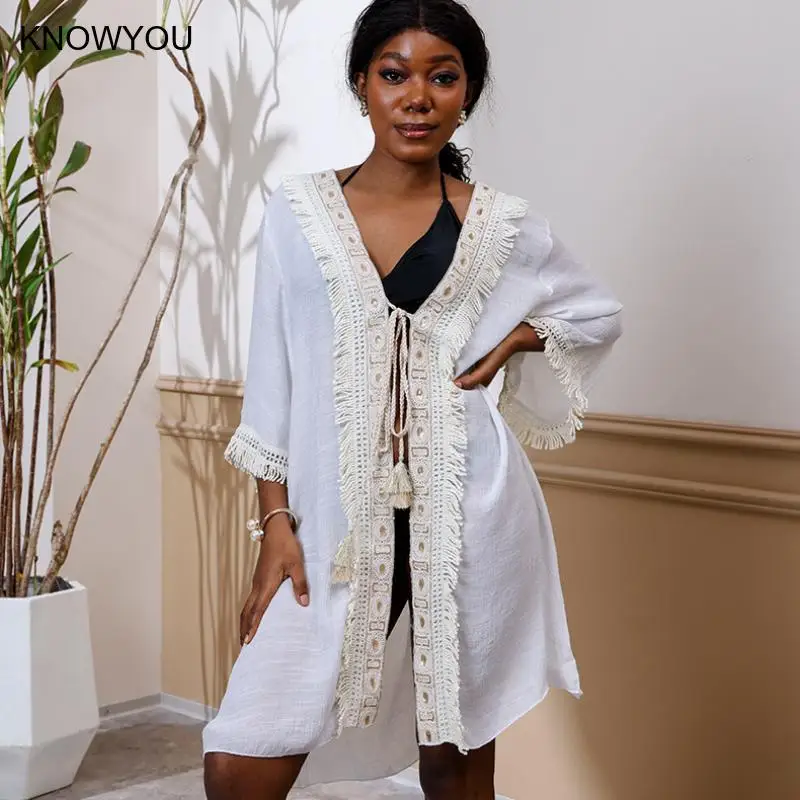 Exy Beach Sun Protection Cover Up Bohemian Style Casual Open Cardigan Women Lace Up Swimwear Sexy Cardigan Bikini Robes