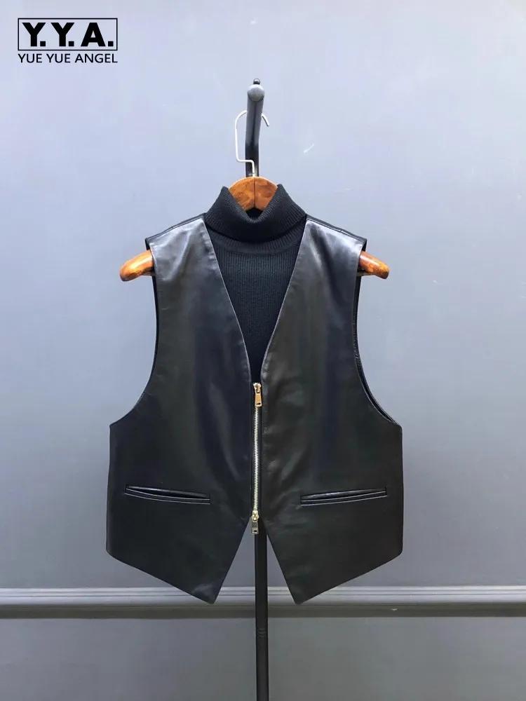 

Fashion Women Sheepskin Genuine Leather Vests Zipper V Neck Office Ladies Sleeveless Jacket Streetwear Casual Short Waistcoat