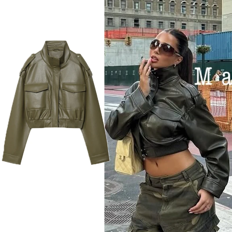

Jackets For Woman Faux Leather Green Women's long sleeves Jacket 2025 Autumn Short Coat Outerwear demi-season high-waisted coat