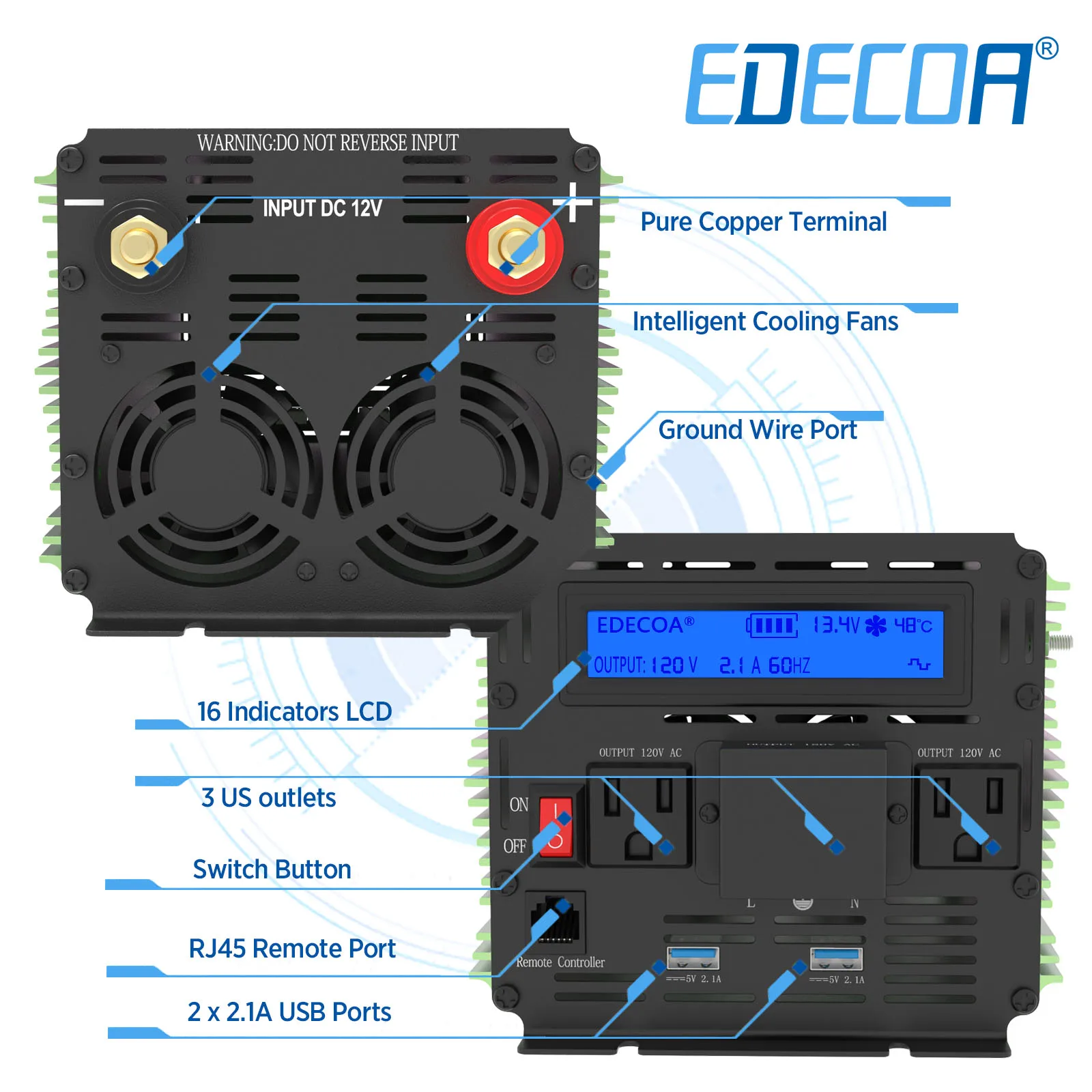 EDECOA 3000W modified sine wave DC 12V to AC 120V 110V 60Hz 3KW power inverter off grid solar converter car inverter USA outlet