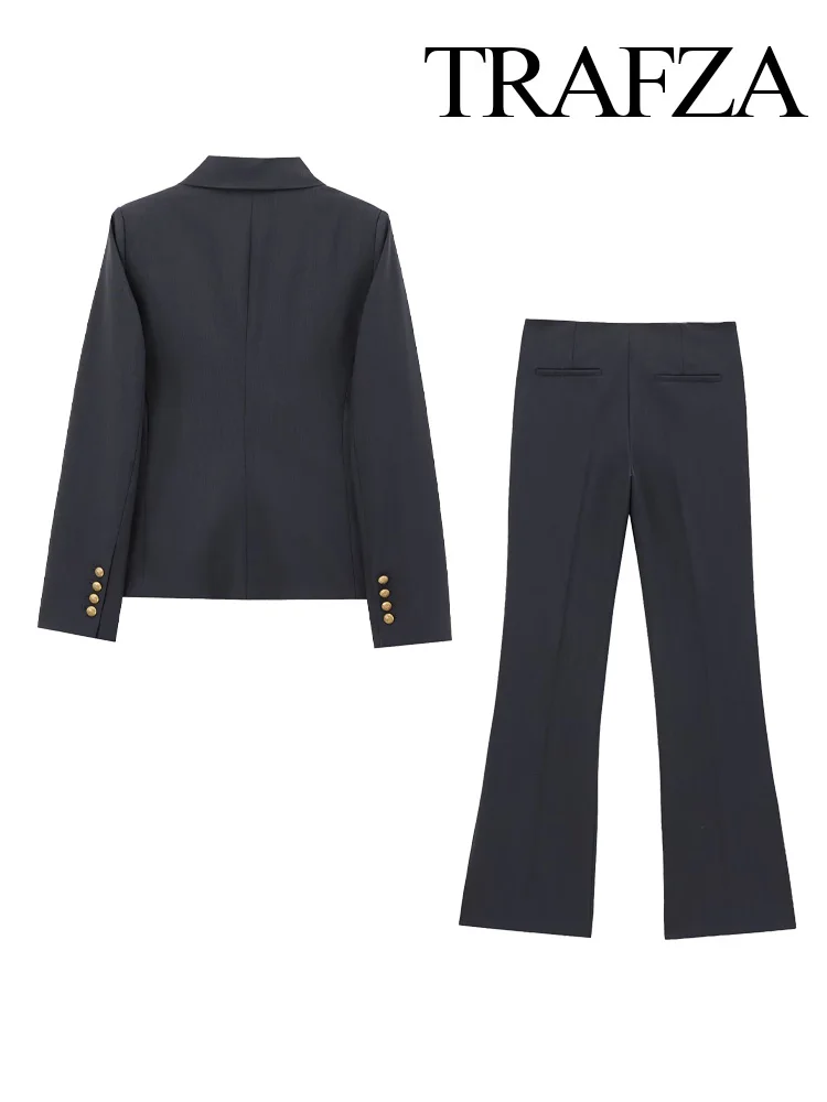 TRAFZA Autumn Women Elegant Slim Turn-down Collar Long Sleeve Blazer Button Decoration 2-piece Set Retro High Waist Bell-bottoms