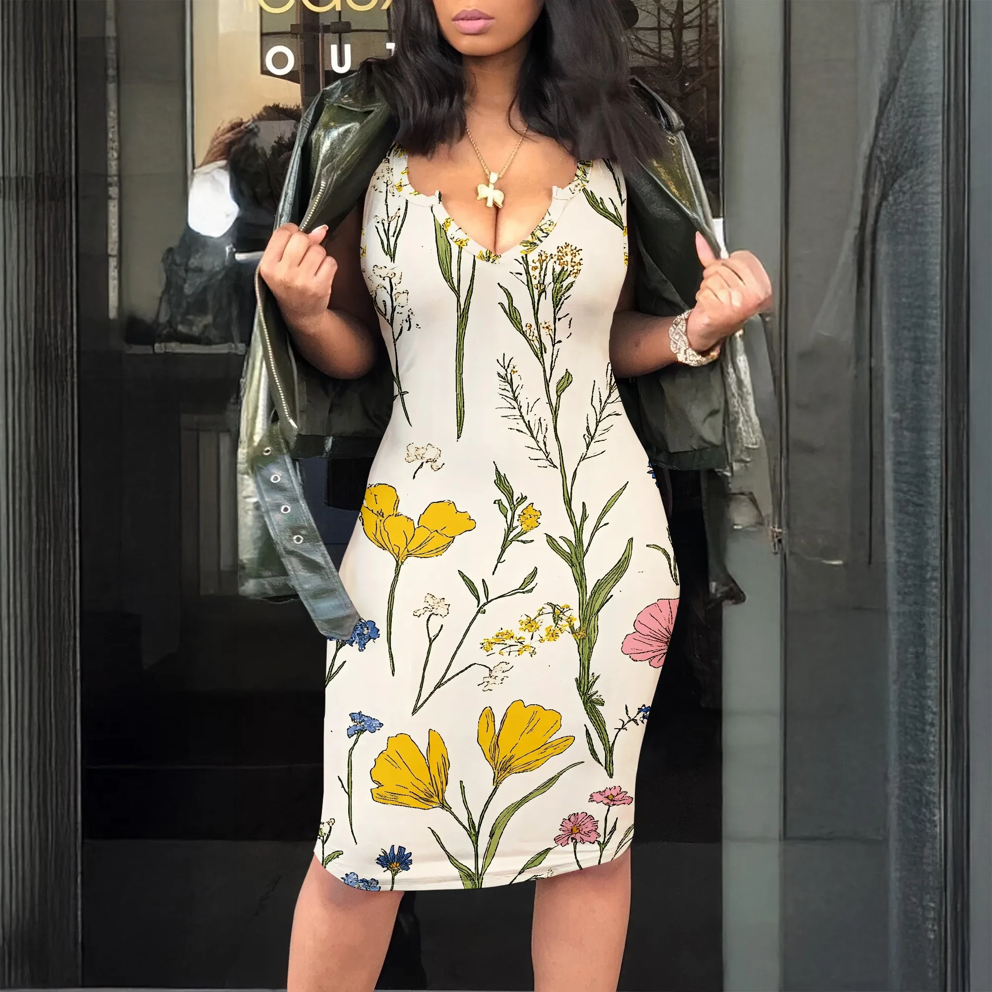 

Floral V-Neck Dress, Botanical Print Mini Dress, Summer Bodycon Dress, Sleeveless Party Wear for Women, S-2XL
