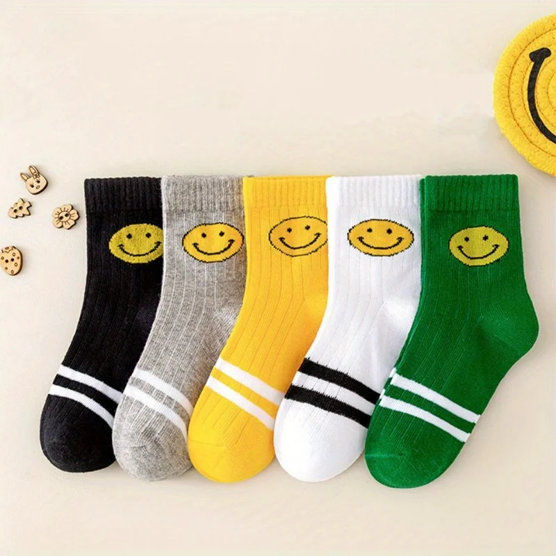 5 Pairs Kids Smile Face Crew Socks Double Striped Soft Cotton Breathable Children Casual Socks