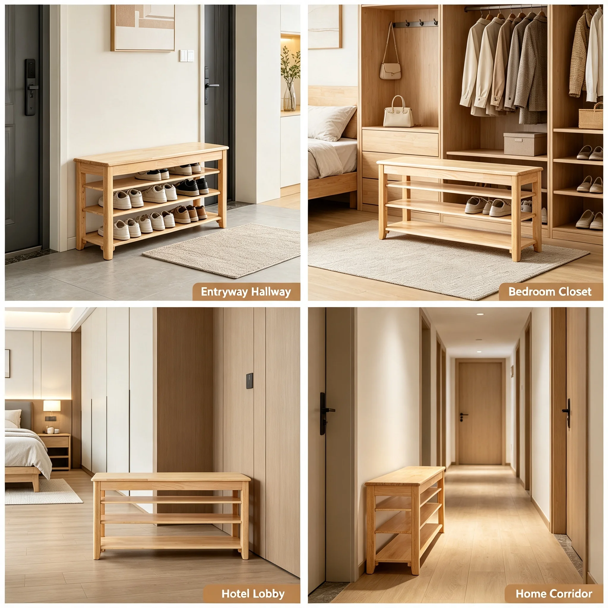 Shoe Rack Bench 3-Tier, Wooden Shoe Storage Bench with Comfortable Seating, Sturdy Rubber Wood Shoe Organizer for Entryway Hallway, Log Color