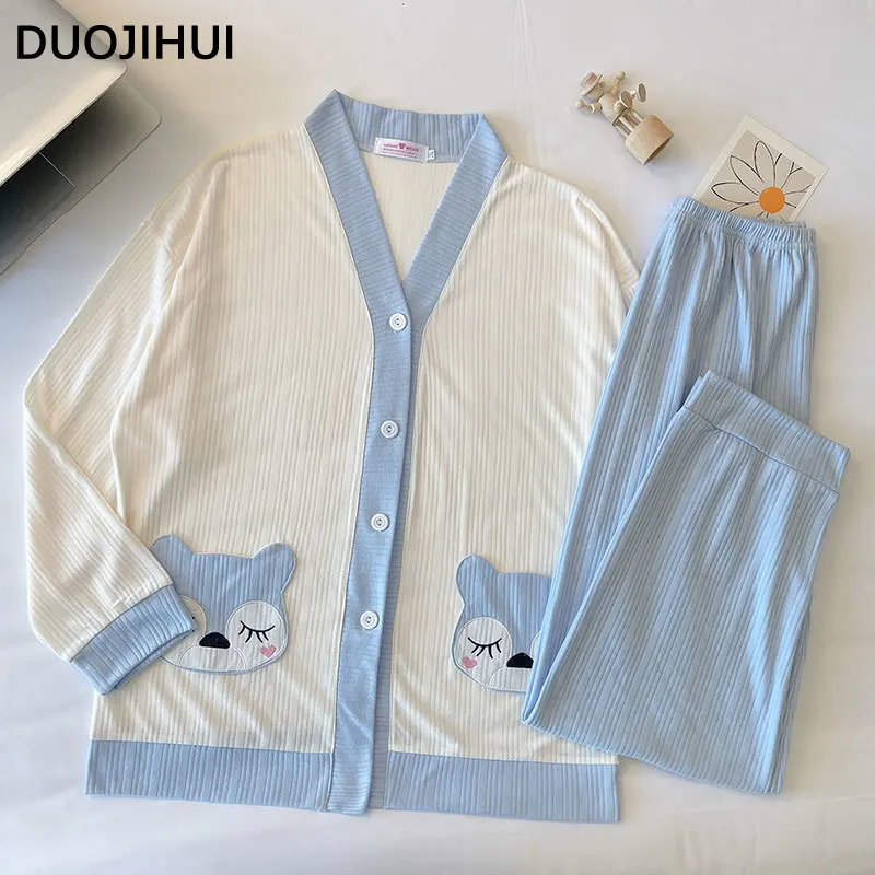 DUOJIHUI Blue Autumn New Chicly Print Female Pajamas Set Fashion V-neck Cardigan Casual Pant Loose Spell Color Pajamas for Women