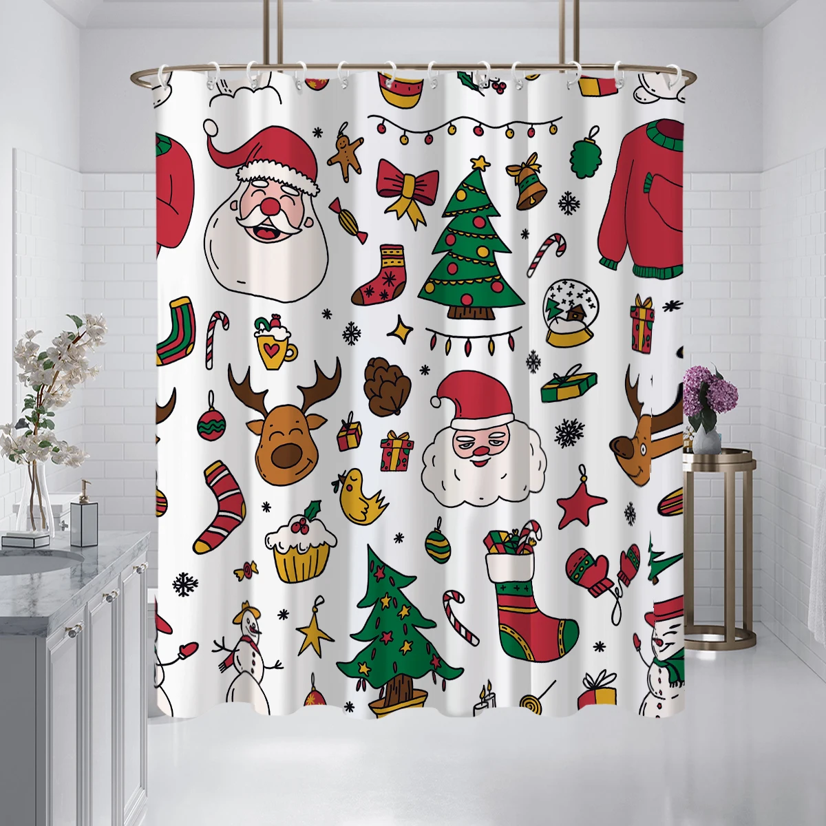 180x180cm Christmas Gingerbread Man Pattern Printed Shower Curtain Partition Bathroom Waterproof and Mildew Proof