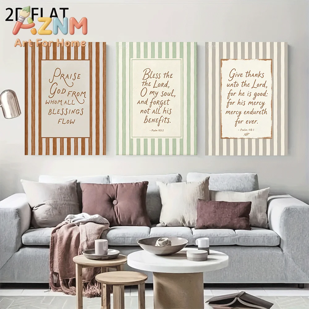 AZNM Frameless Canvas Wall Art, Striped Background Bible Verse Print, Vintage Scripture Quote Art Poster for Farmhouse Living Ro