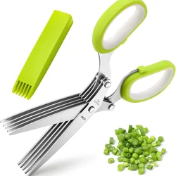 Multilayer Kitchen Scissors Stainless Steel Vegetable Cutter Cooking Tool for Cutting Herbs Scallions with Cleaning Comb